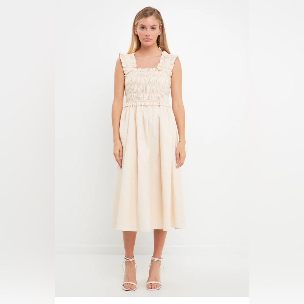NWT! English Factory Ruffled Shoulder Strap Midi Dress Cream Size XS